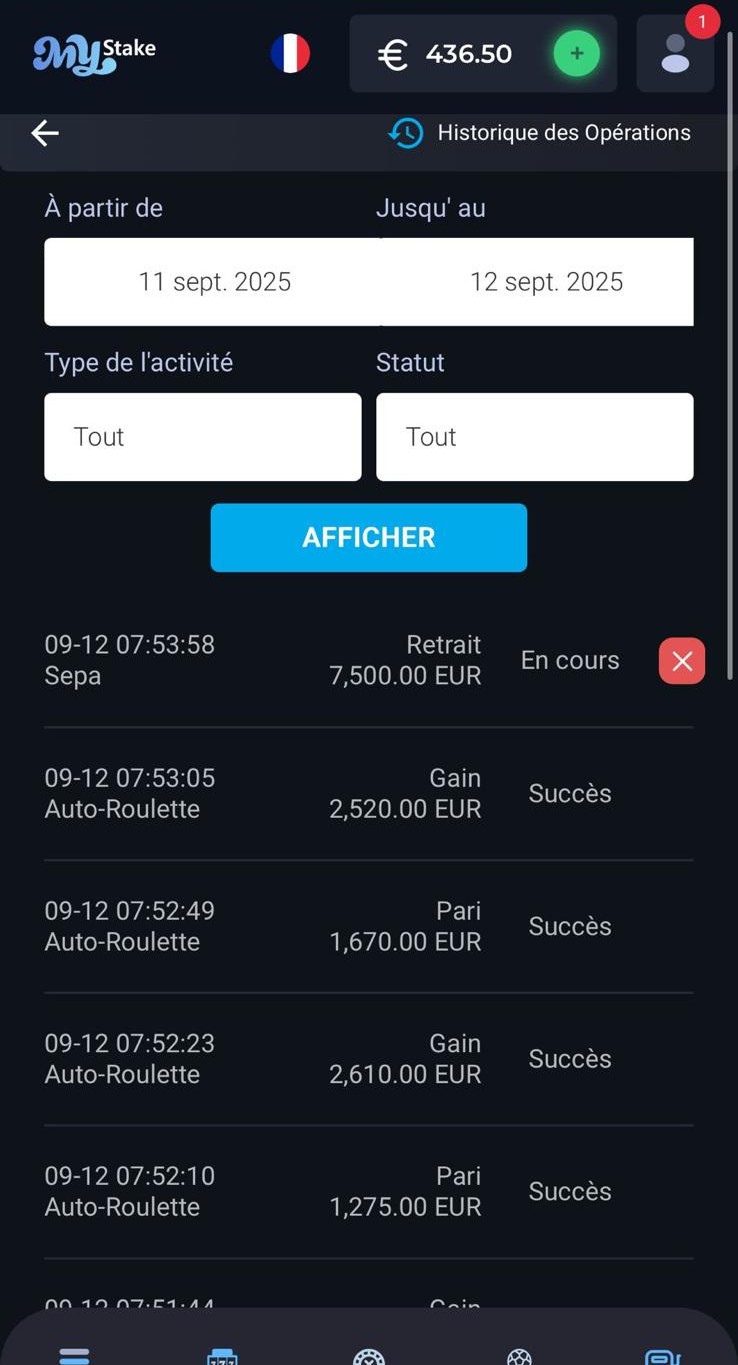 Capture d'écran MyStake : historique des opérations montrant un retrait de 7500 euros par virement SEPA au statut En cours