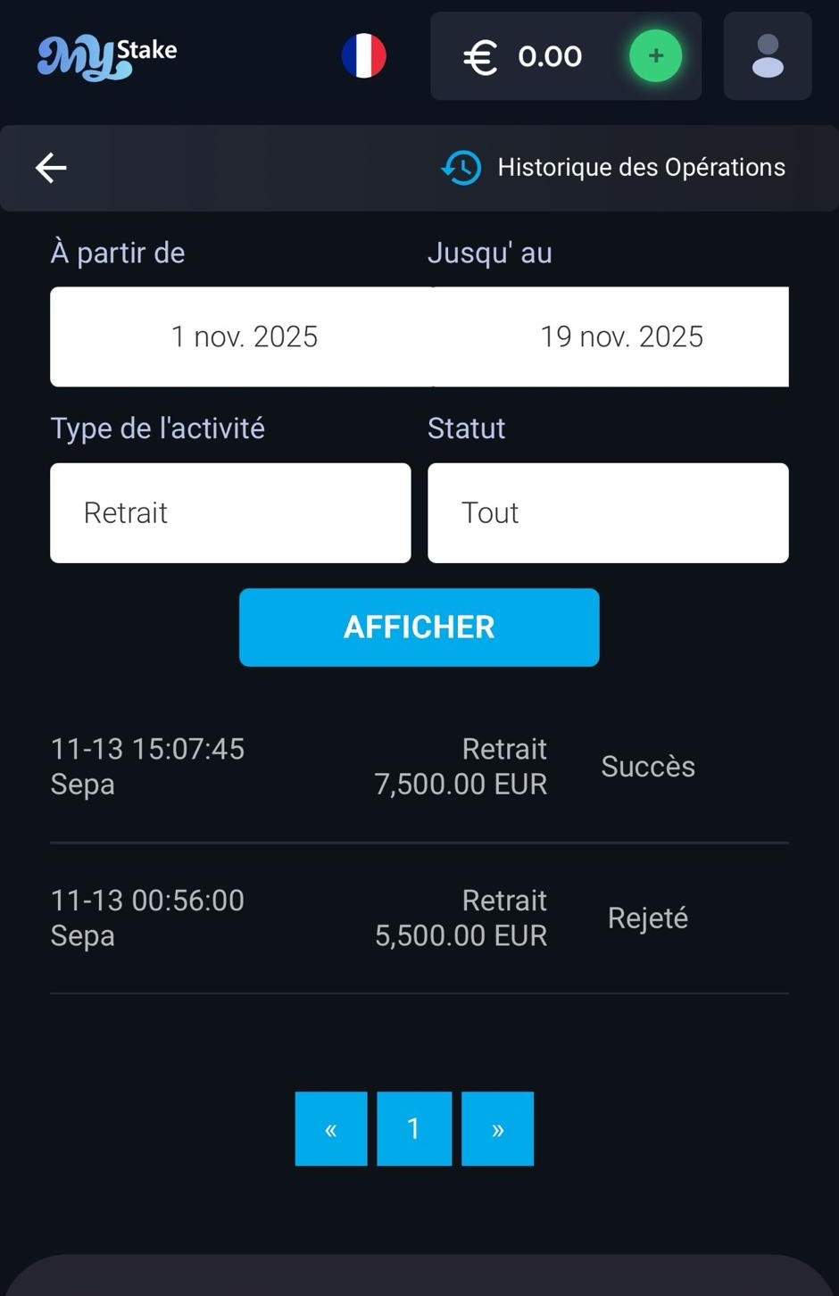 Capture d'écran MyStake : retrait de 7500 euros au statut Succès dans l'historique des opérations