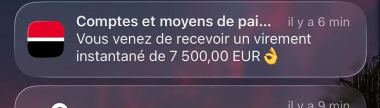 Notification bancaire confirmant la réception d'un virement instantané de 7500 euros
